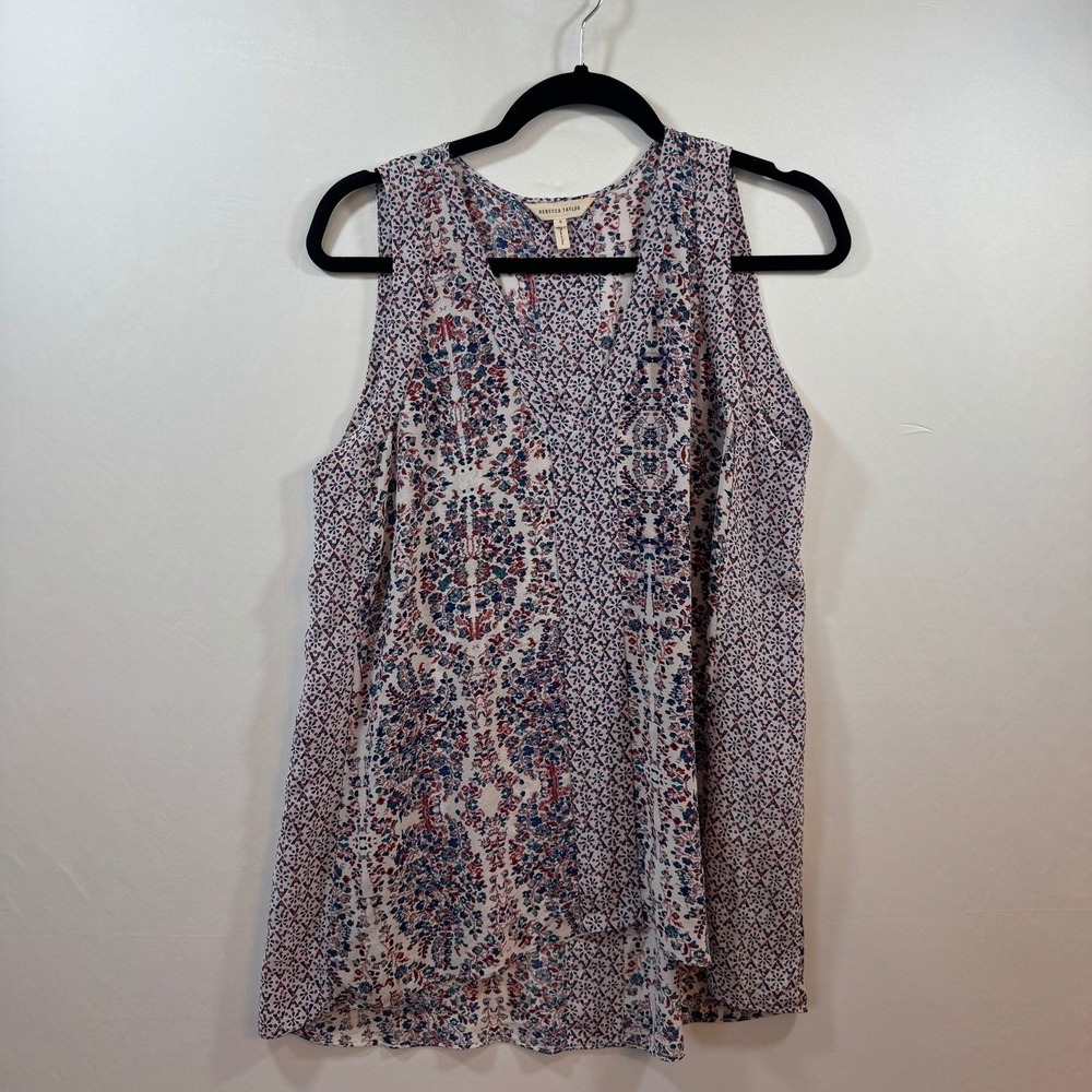 Rebecca Taylor Women 100 Silk Sleeveless VNeck Floral Blouse Red Blue 6 - Picture 2 of 7